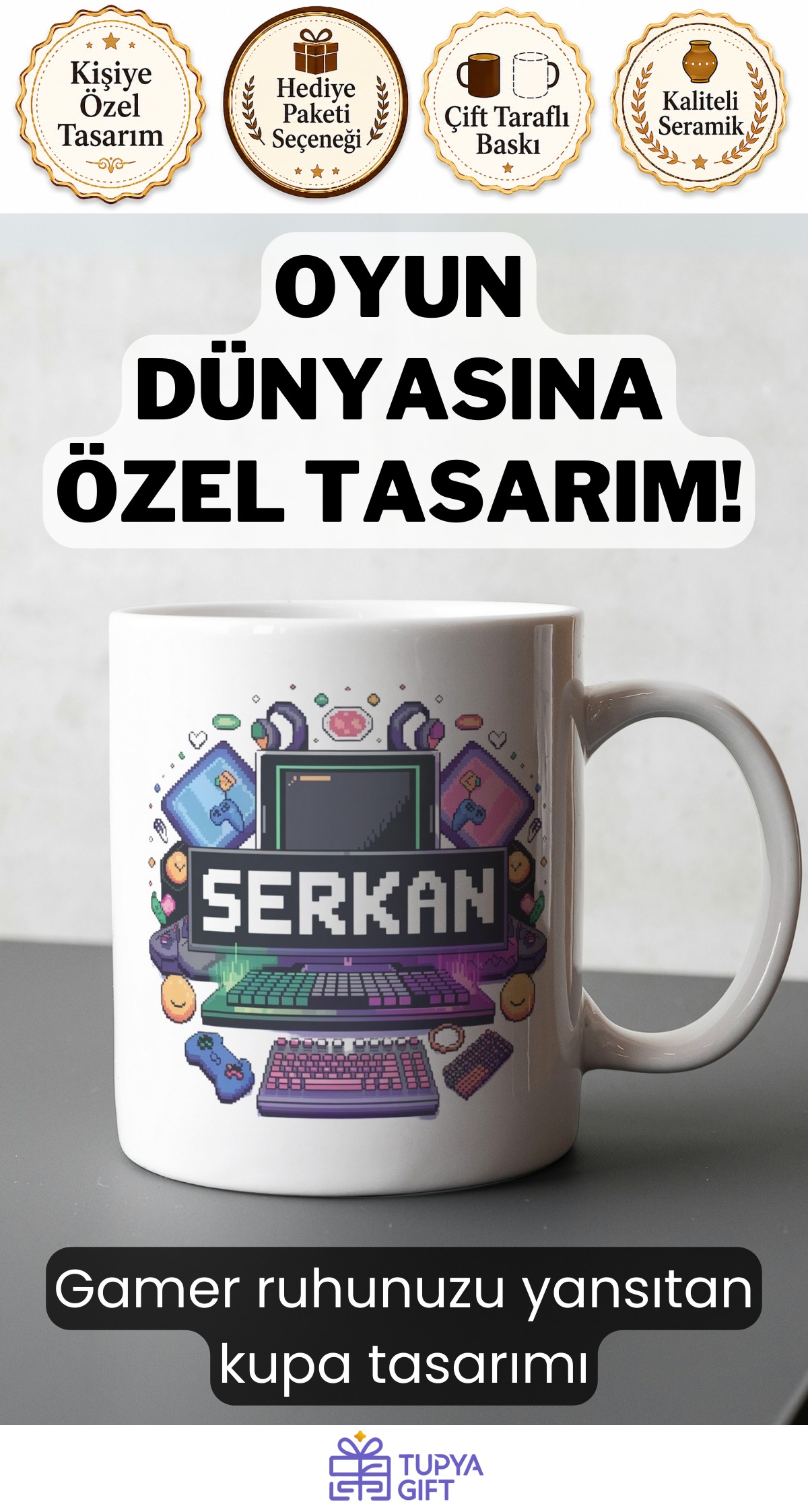 Kişiye Özel Gamer Tasarımlı İsimli Kupa Hediyelik - Oyun Dünyasına Özel Tasarım