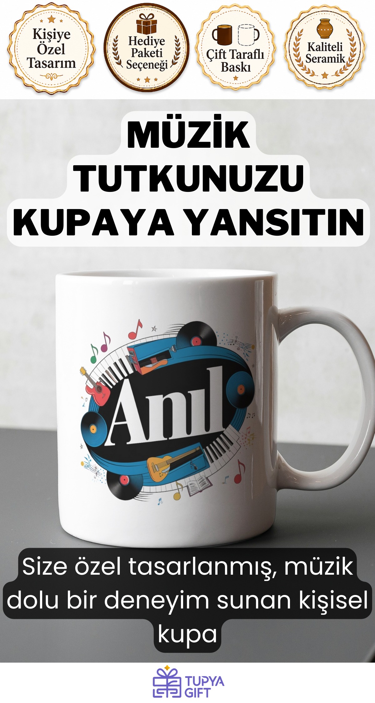 Kişiye Özel Müzik Temalı Kupa – Müzik Tutkunlarına Özel İsimli Hediye