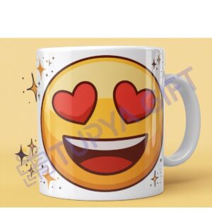 Kalp Gözlü Emoji Tasarımlı Eğlenceli Kupa - Renkli ve Şık Hediye Seçeneği