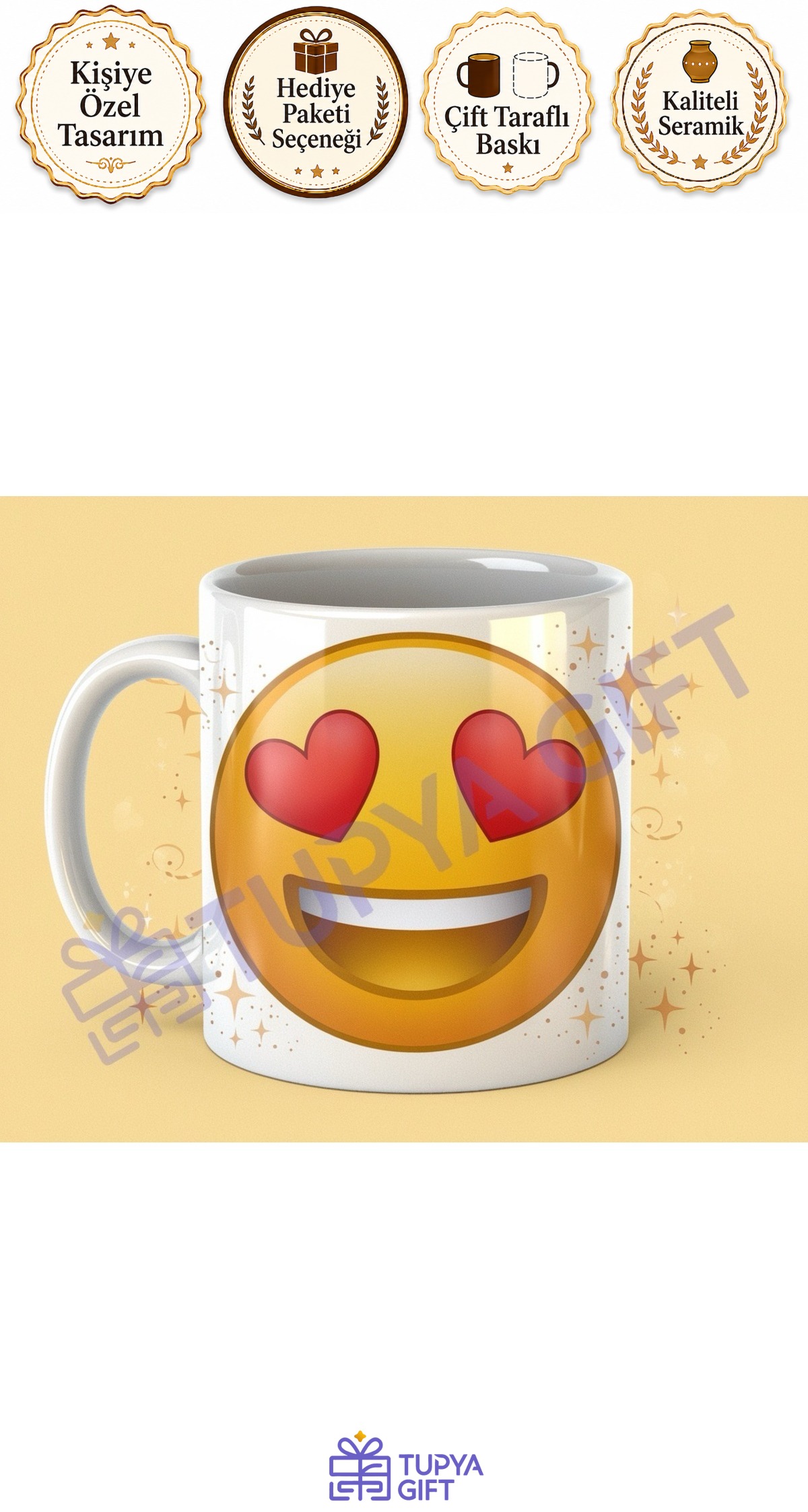 Kalp Gözlü Emoji Temalı Kupa – Sevgiyle Gülümseyin