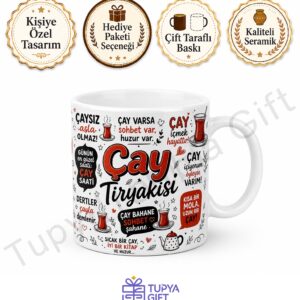 Çay Tiryakisine Hediye Esprili Yazılı Baskılı Seramik Kupa Bardak Hediye
