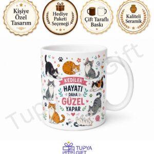 Kedili Tasarım Baskılı Kupa Bardak Kedi Severler İçin Hediye Porselen Mug