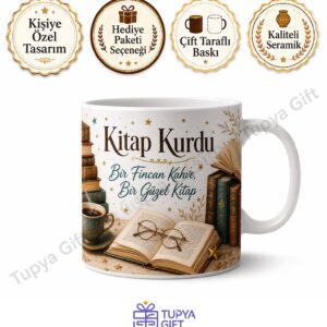 Kitap Kurdu Okuma Temalı Kişiye Özel Baskılı Kupa Bardak Hediye