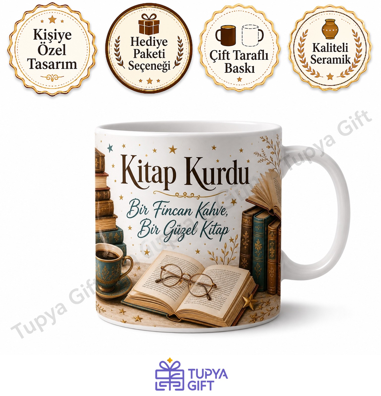 Kitap Kurdu Okuma Temalı Kişiye Özel Baskılı Kupa Bardak Hediye