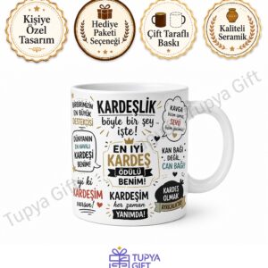 Kardeşe Hediye Komik Yazılı Kişiye Özel Baskılı Kupa Bardak Porselen Mug