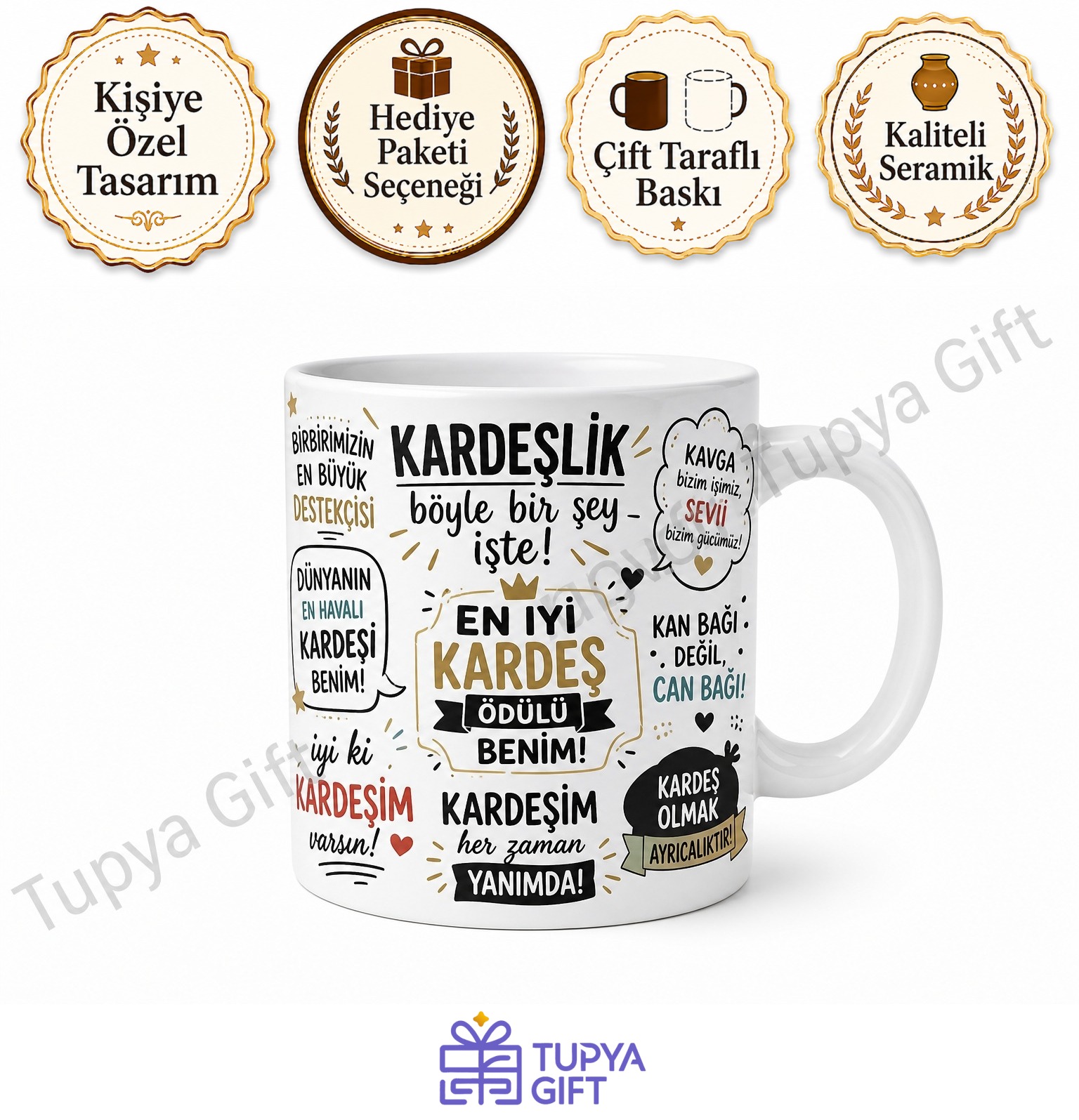 Kardeşe Hediye Komik Yazılı Kişiye Özel Baskılı Kupa Bardak Porselen Mug