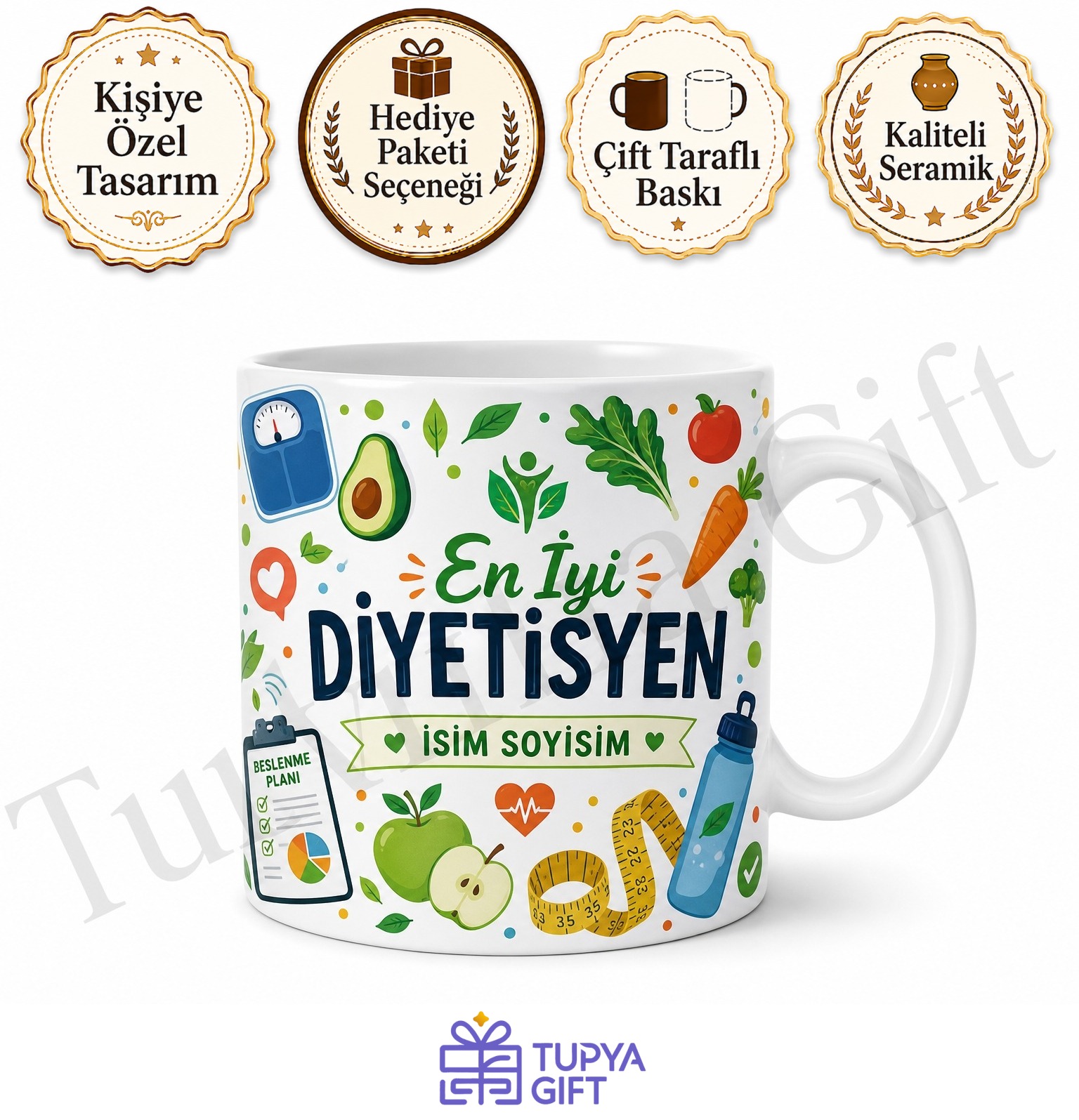 Diyetisyene Hediye İsme Özel Baskılı Kupa Bardak Meslek Temalı Porselen Mug