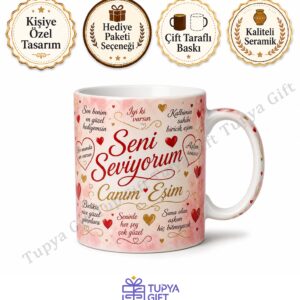 Eşe Hediye Kişiye Özel Romantik Yazılı Kupa Bardak Sevgiliye Hediye