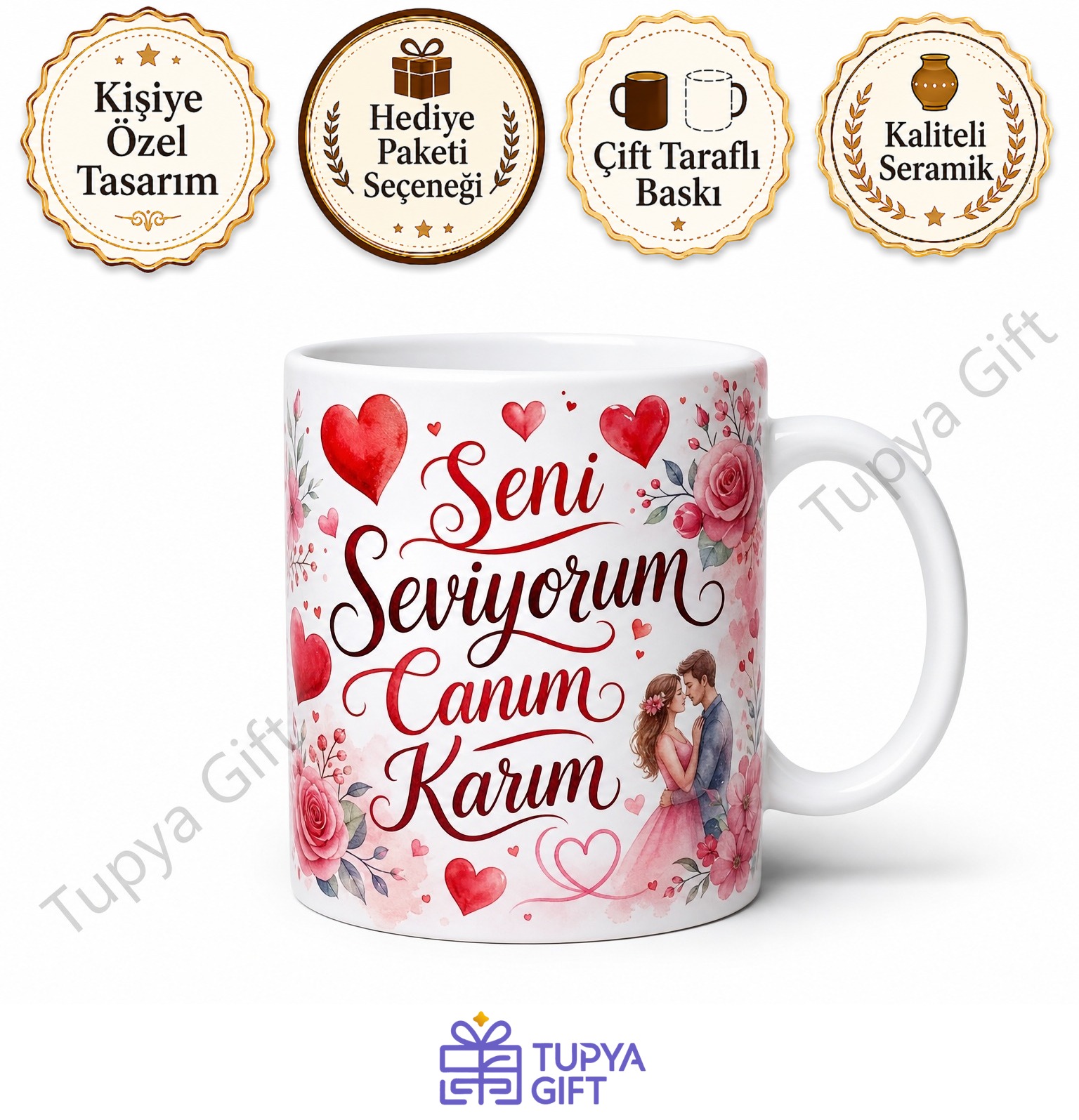 Karıya Hediye Kişiye Özel Romantik Baskılı Kupa Bardak Sevgiliye Hediye