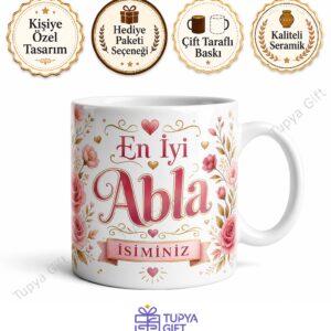 En İyi Ablaya Hediye İsimli Baskılı Kupa Bardak Abla Hediyesi Özel Tasarım