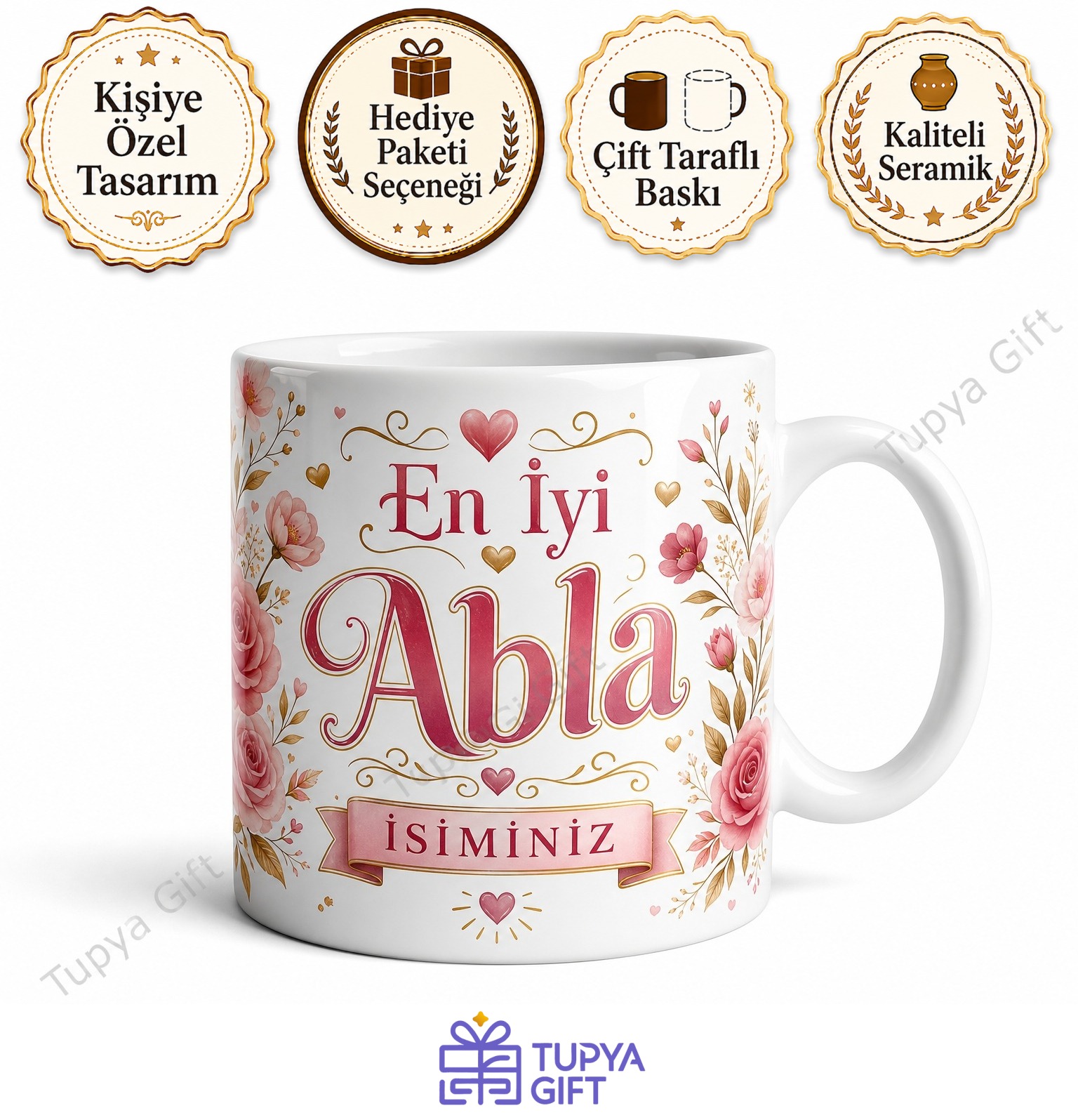 En İyi Ablaya Hediye İsimli Baskılı Kupa Bardak Abla Hediyesi Özel Tasarım