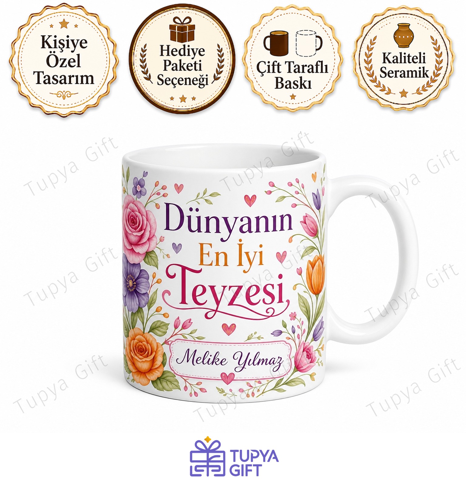 Teyzeme Hediye İsme Özel Baskılı Kupa Bardak Teyze Hediyesi Porselen Mug