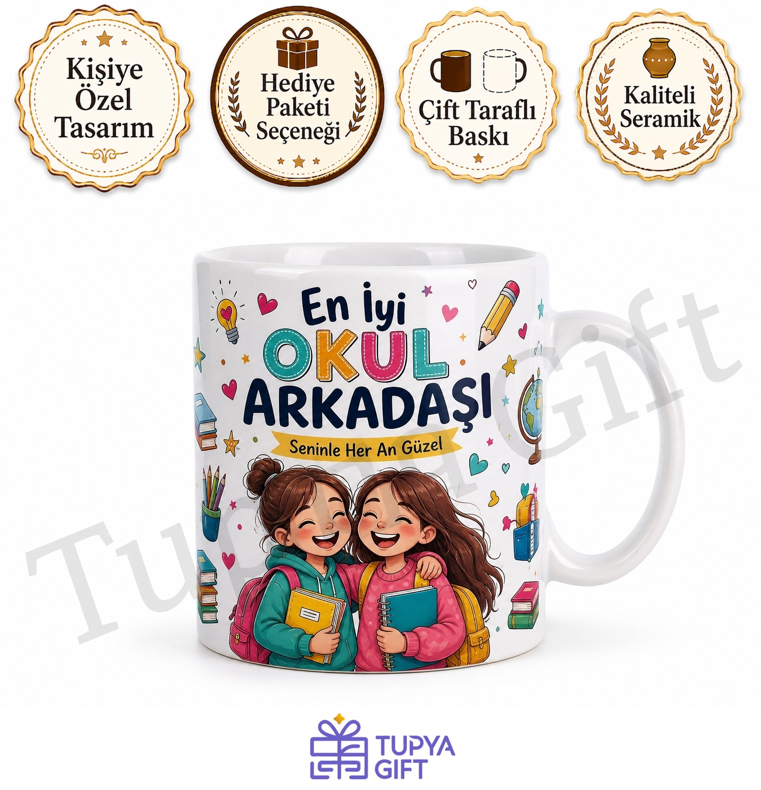 Okul Arkadaşına Hediye Özel Baskılı Kupa Bardak Arkadaşlık Hediyesi
