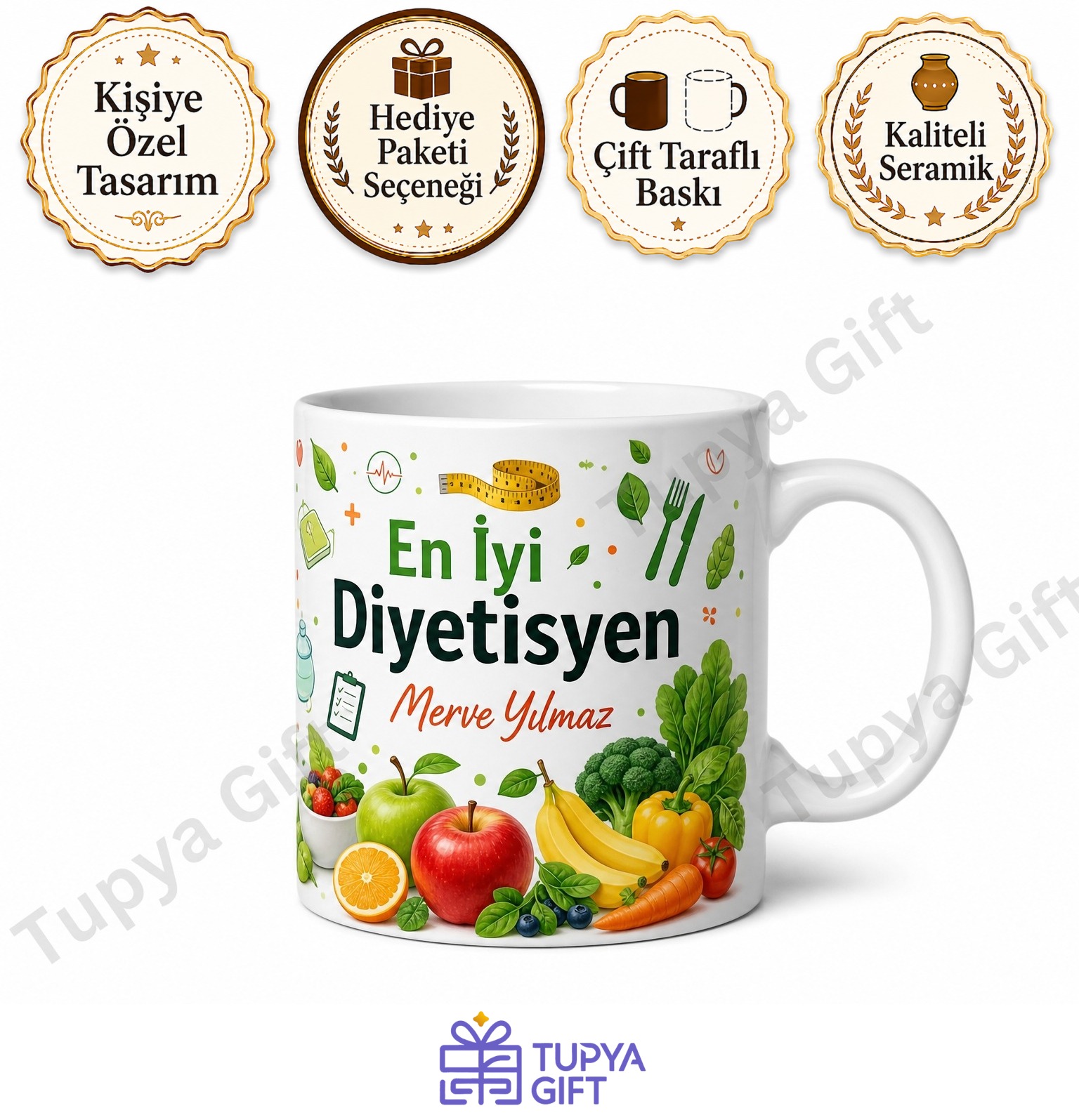 Diyetisyene Hediye İsme Özel Baskılı Kupa Bardak Diyetisyen Hediyesi