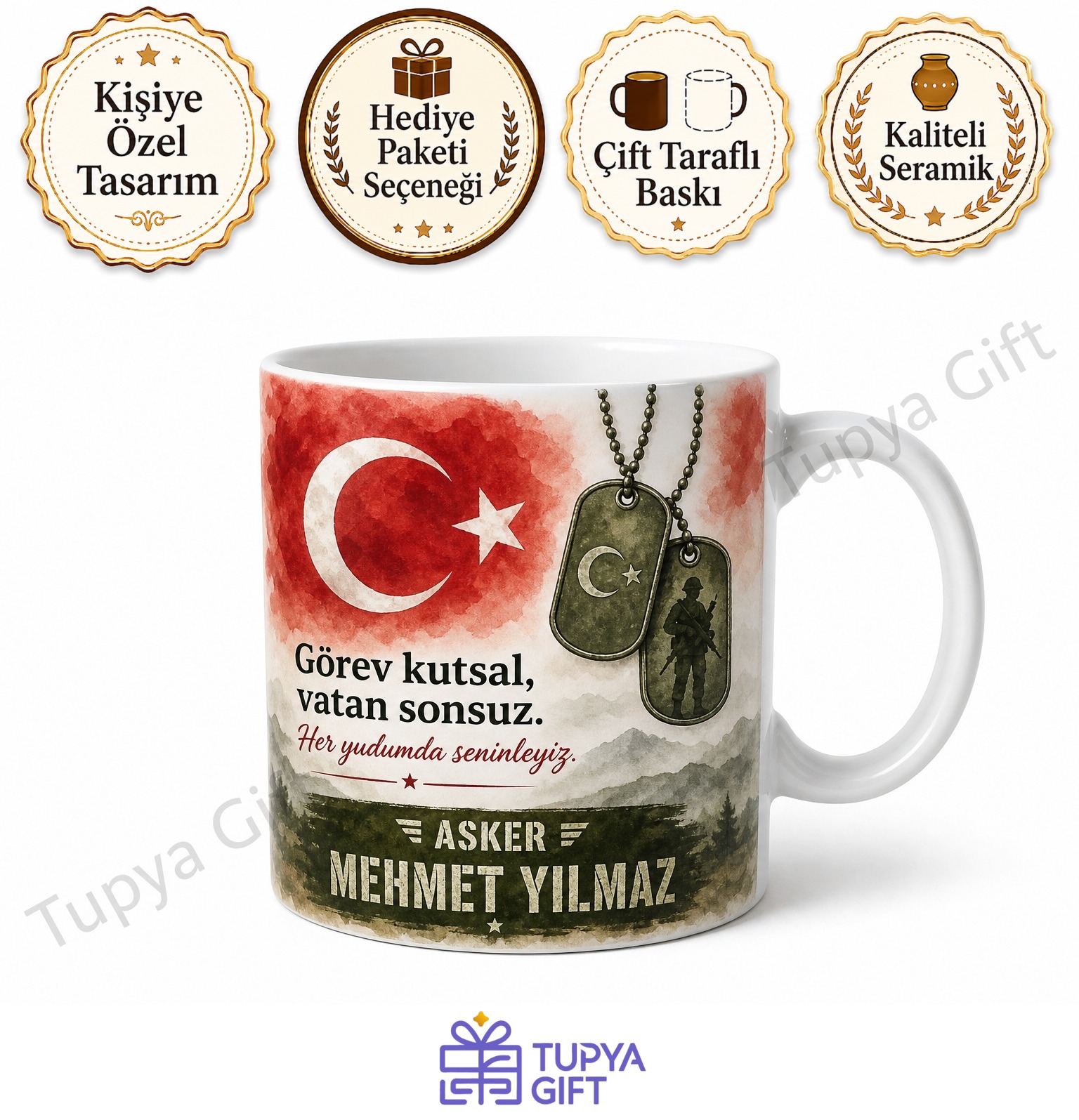 Askere Hediye İsme Özel Baskılı Kupa Bardak Asker Temalı Özel Tasarım