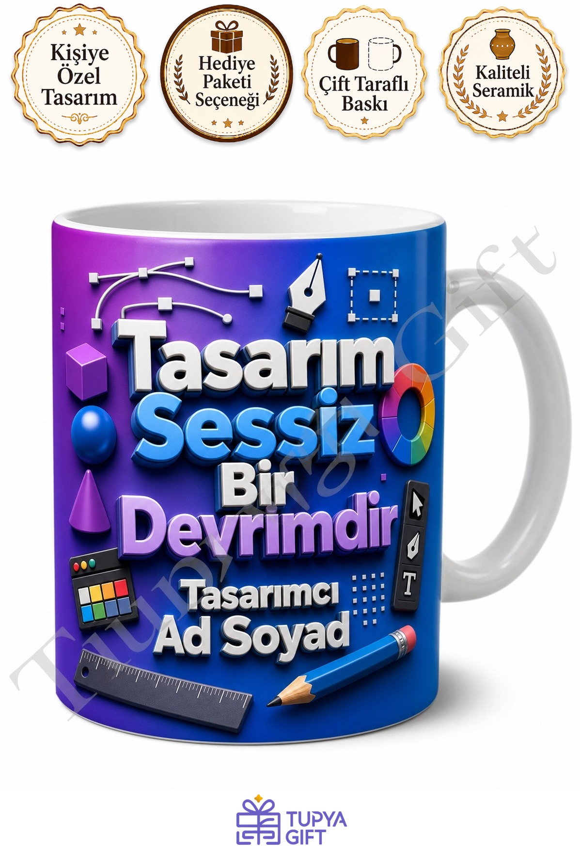 Tasarımcıya Hediye İsimli Baskılı Kupa Bardak Özel Tasarım Grafiker Hediyesi