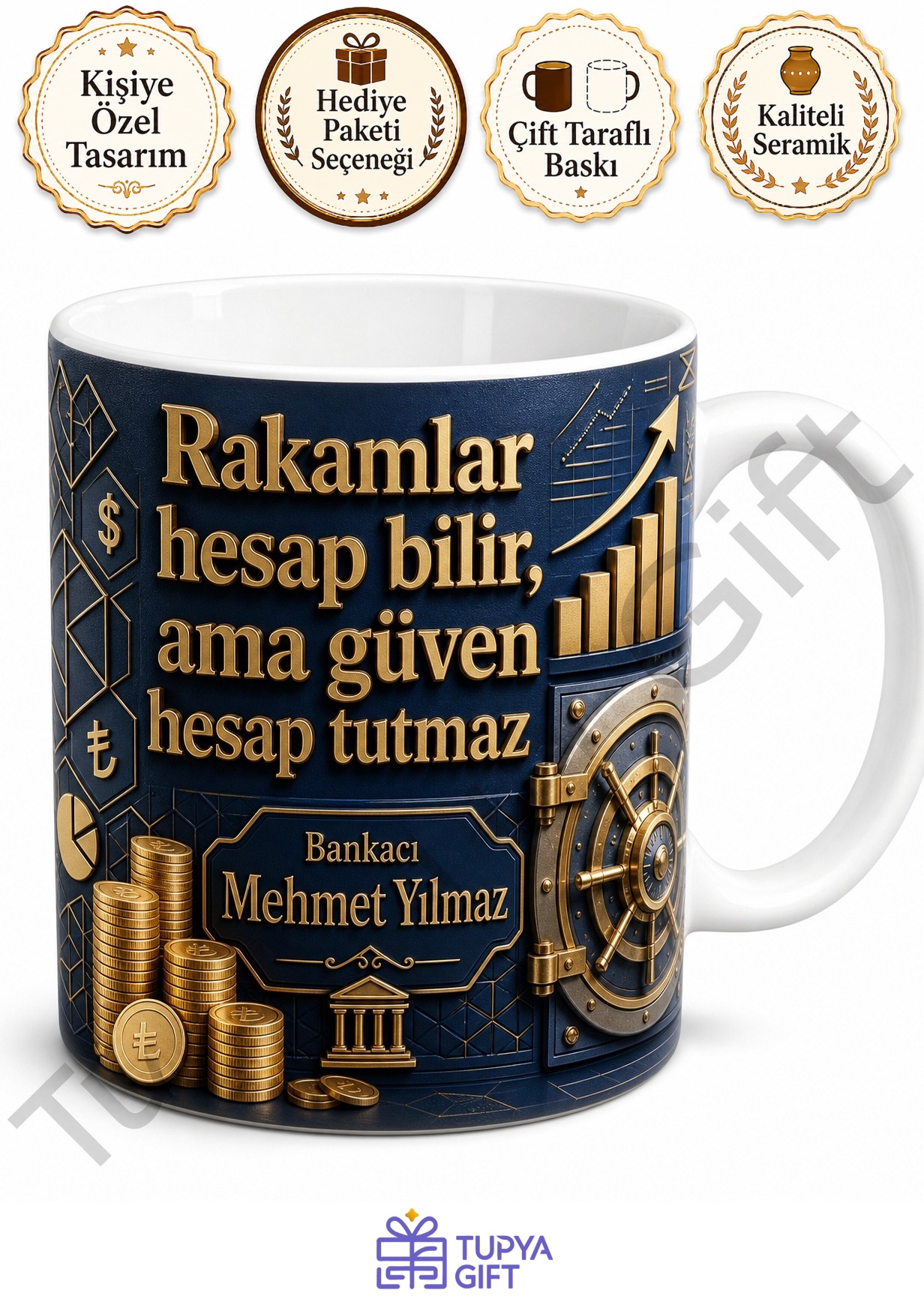 Bankacıya Hediye Kişiye Özel Baskılı Kupa Bardak Finans Temalı Özel Tasarım