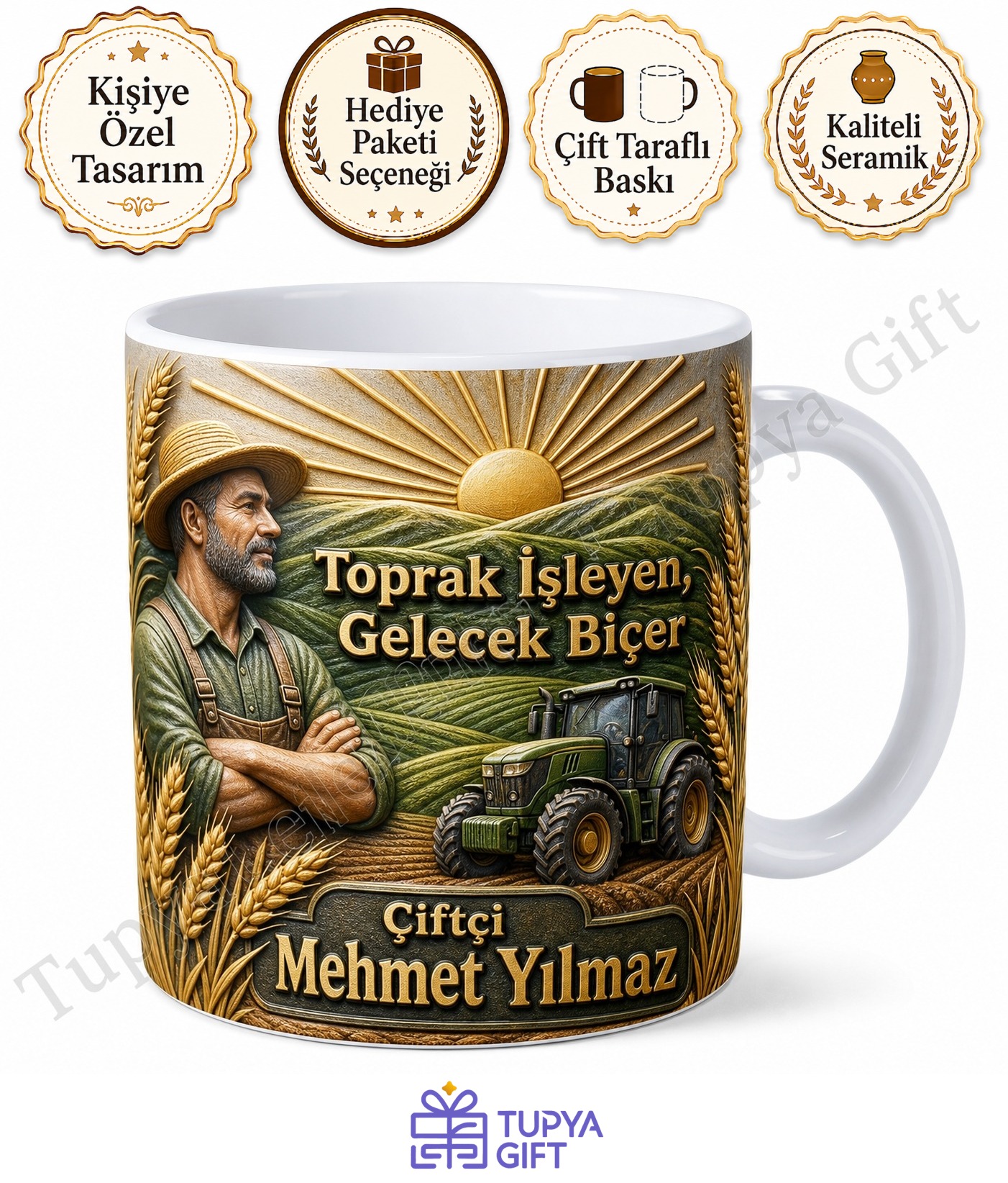 Çiftçiye Hediye Kişiye Özel Baskılı Kupa Bardak Çiftçi Hediyesi