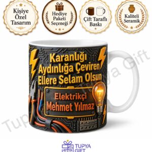 Elektrikçiye Hediye İsimli Baskılı Kupa Bardak Özel Tasarım Elektrik Ustası