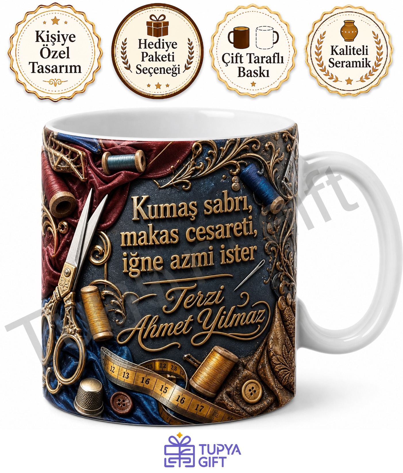 Terzi Makası Temalı Kişiye Özel Baskılı Kupa Bardak Terzi Hediye