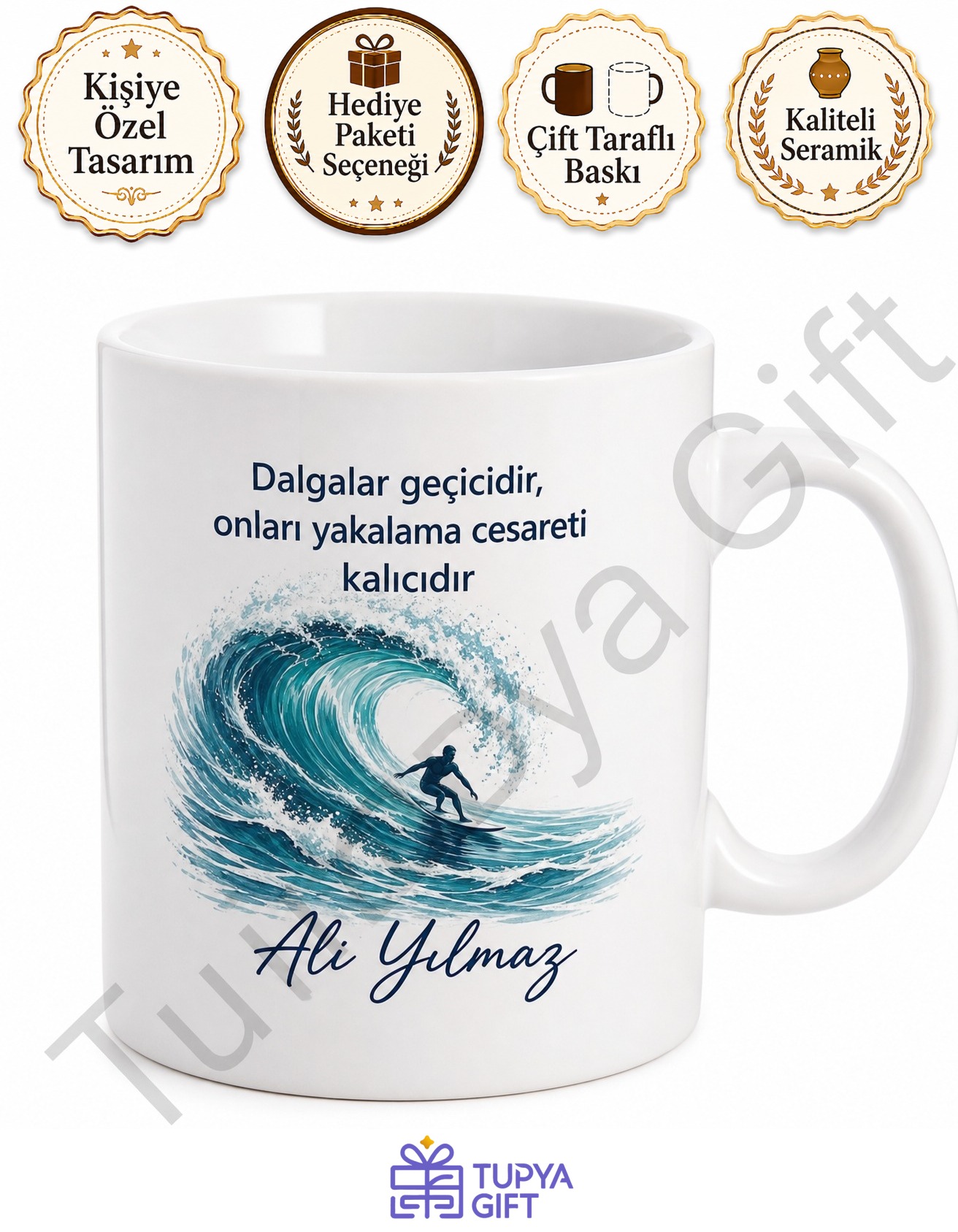 Sörfçüye Hediye İsme Özel Baskılı Kupa Bardak Sörf Temalı Hediye