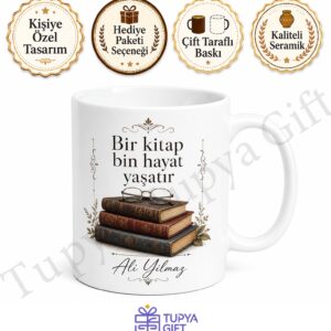 Kitap Kurdu Temalı Baskılı Kupa Bardak Hediye Kitap Okuyucuya Özel Tasarım