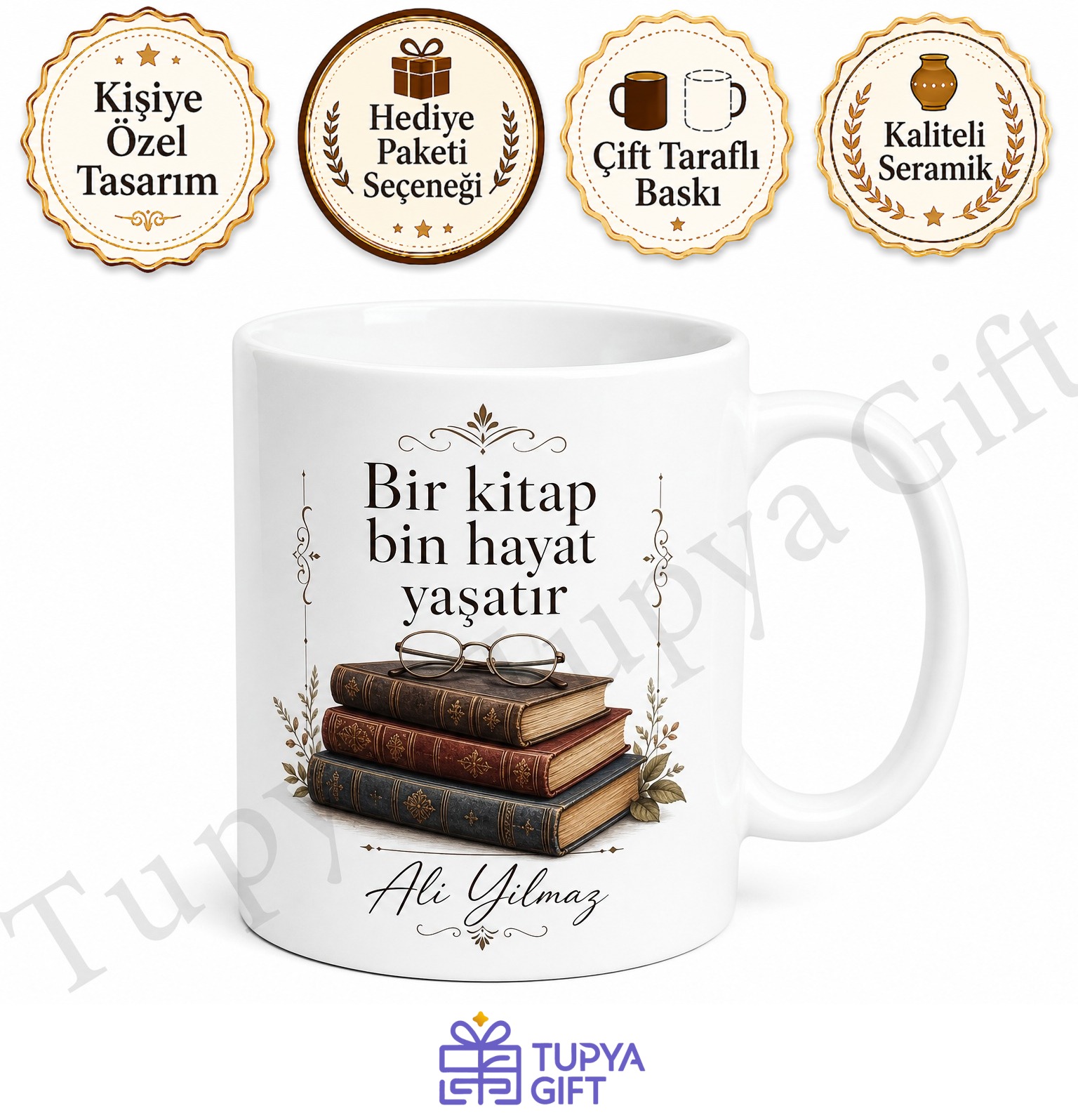 Kitap Kurdu Temalı Baskılı Kupa Bardak Hediye Kitap Okuyucuya Özel Tasarım