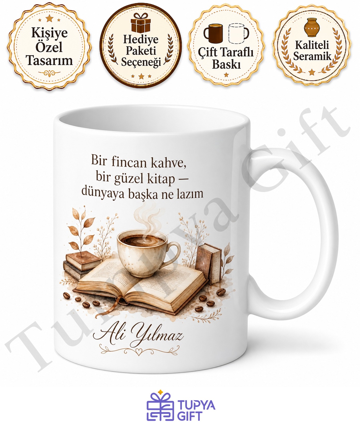 Kitap ve Kahve Temalı Baskılı Kupa Bardak Hediye Okuyuculara Özel Tasarım