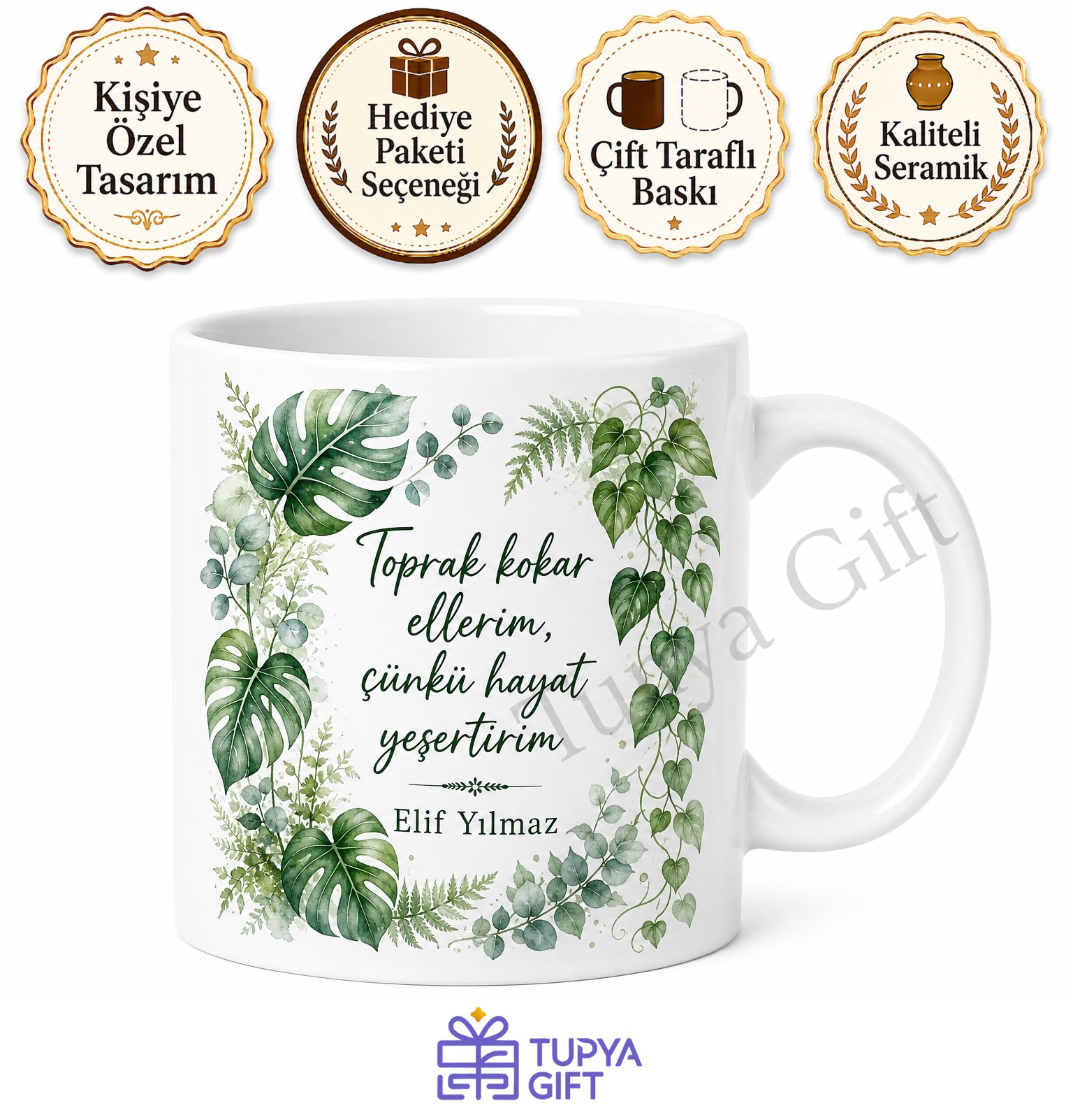 Bitki Sever Temalı Baskılı Kupa Bardak Hediye Çiçek Doğa Porselen Mug