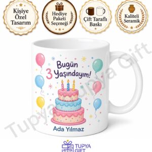 Neşeli Tasarımlı 3 Yaş Doğum Günü Hediyesi Çocuk Kupa Bardak Çay Kupası