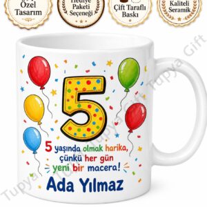 Baskılı 5 Yaş Doğum Günü Hediyesi Kupa Bardak Çocuklar İçin Özel Tasarım