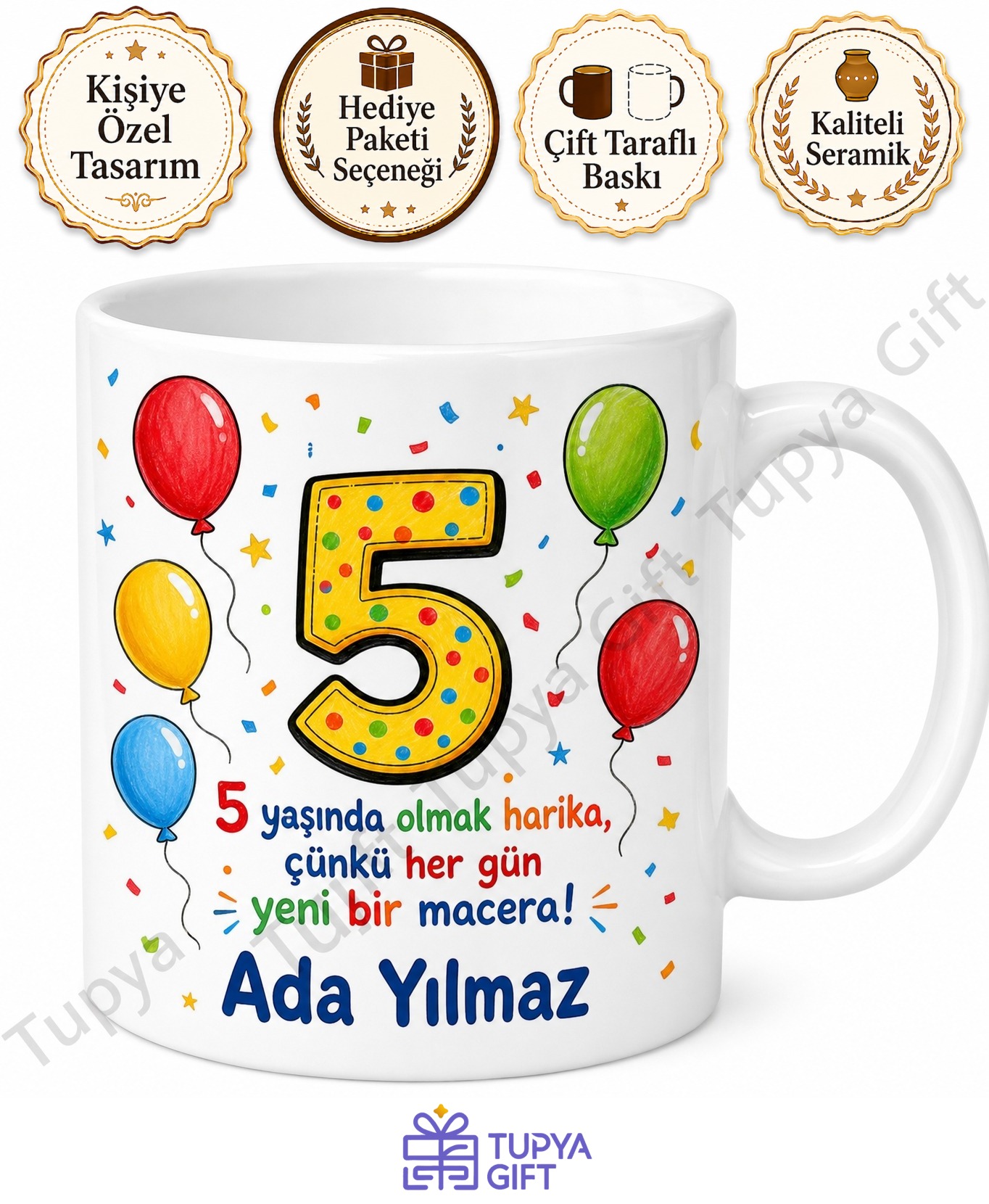 Baskılı 5 Yaş Doğum Günü Hediyesi Kupa Bardak Çocuklar İçin Özel Tasarım