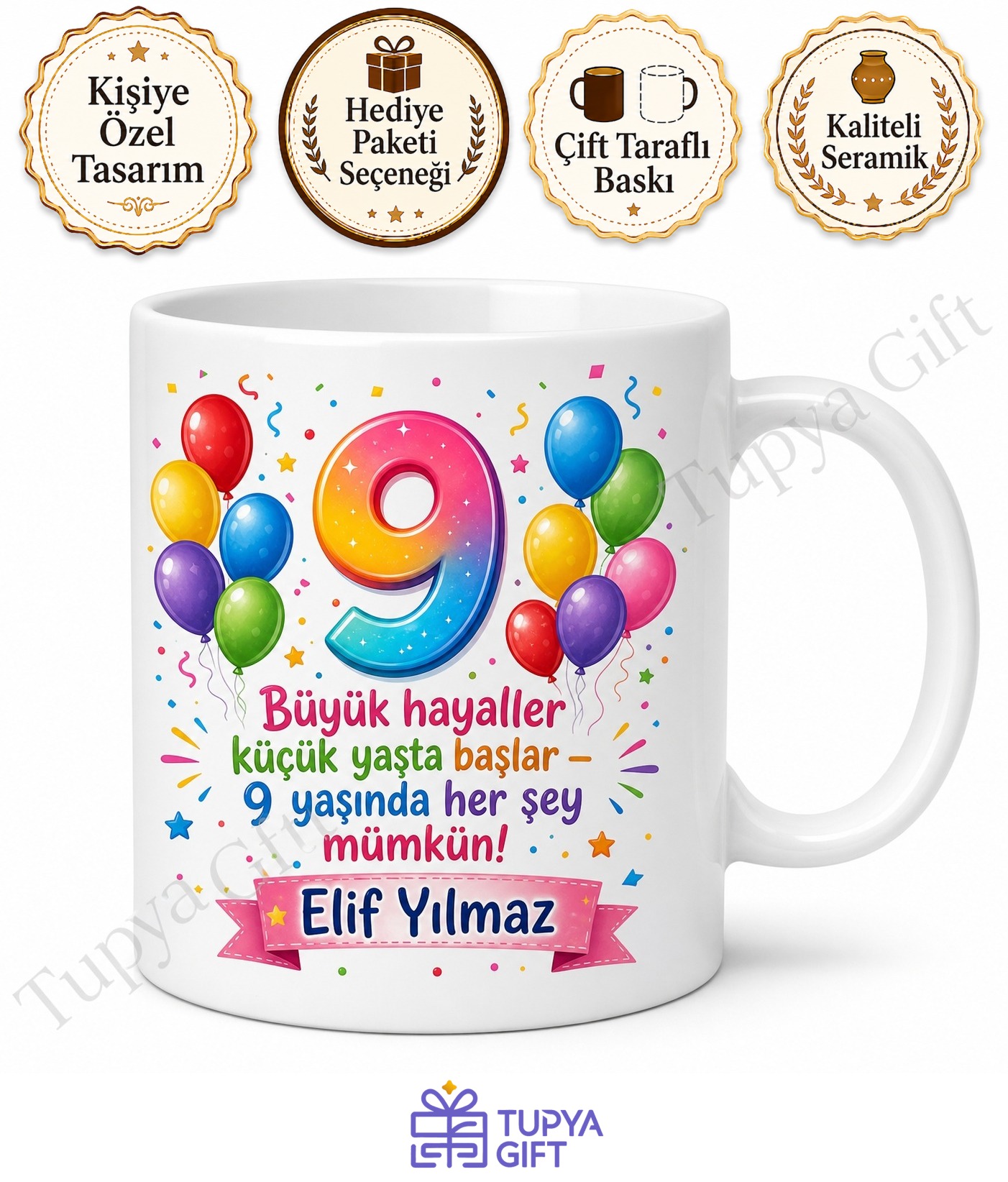 9 Yaş Doğum Günü Hediyesi Çocuklar İçin Özel Baskılı Kupa Bardak Hediye
