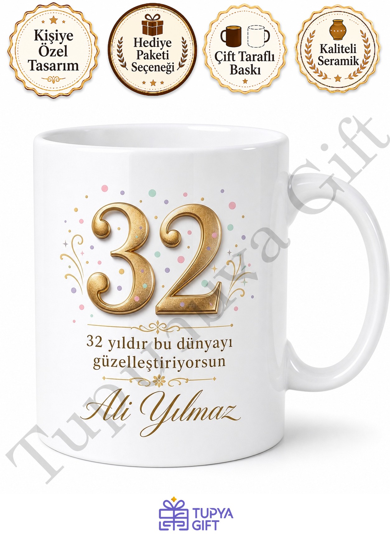 Kişiye Özel İsimli 32 Yaş Doğum Günü Hediyesi Baskılı Kupa Bardak