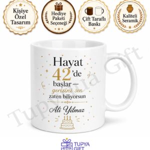 Şık Porselen 42 Yaş Doğum Günü Hediyesi Kahve Kupası Baskılı Kupa Bardak