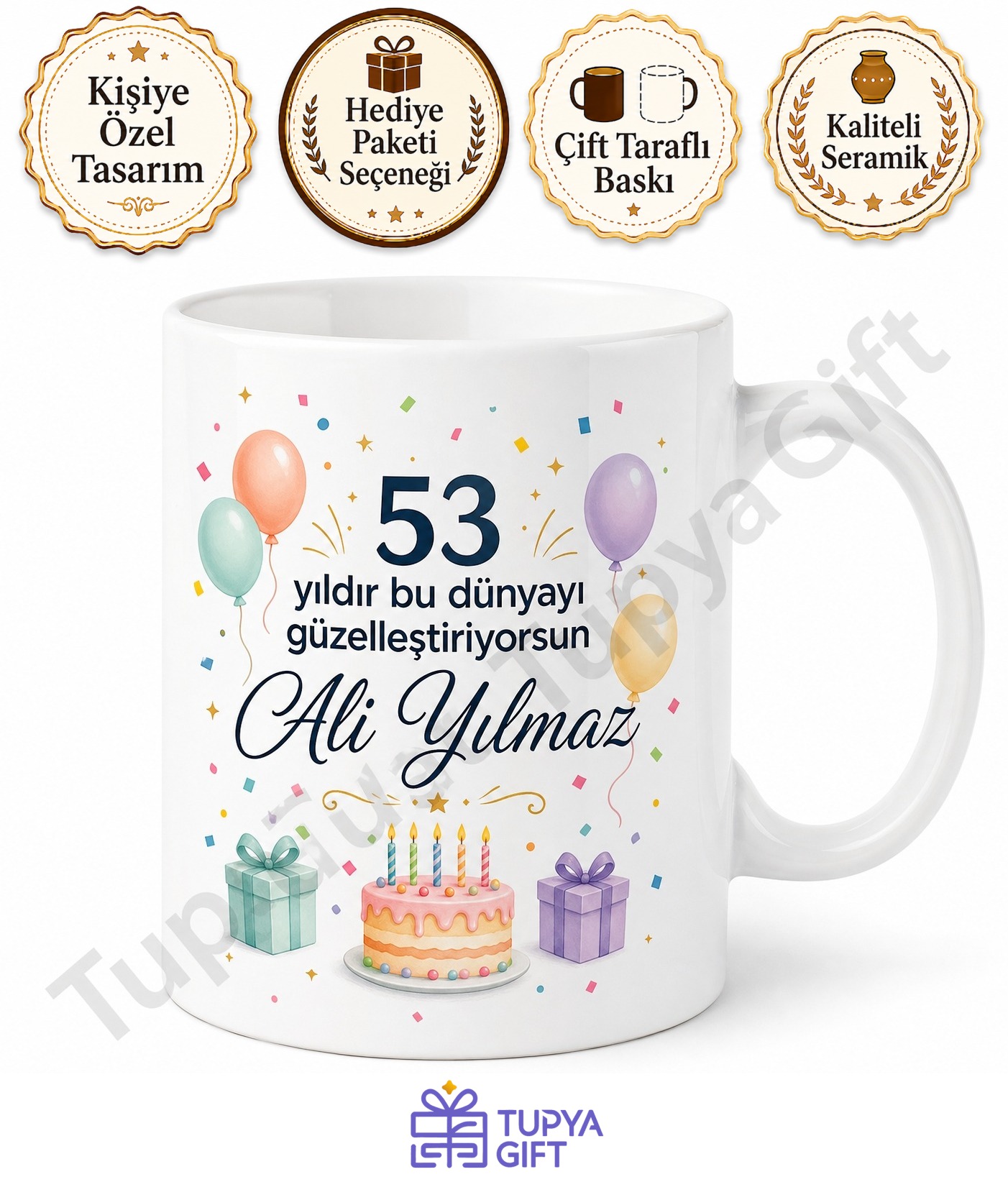 Anlamlı Hediyelik 53 Yaş Doğum Günü Tasarımlı Kupa Bardak Hediye