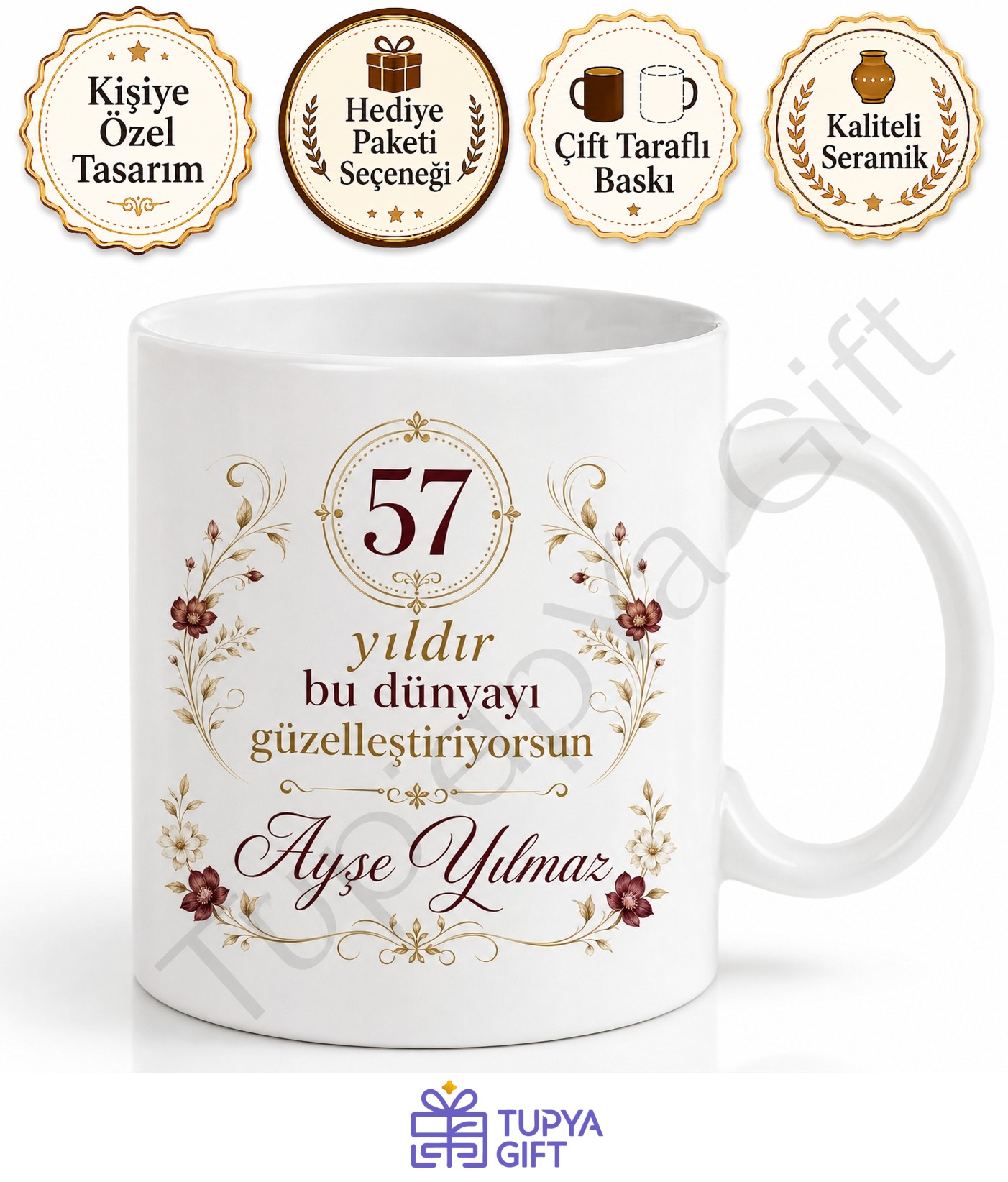 Aile Büyüklerine Özel 57 Yaş Doğum Günü Hediyesi Baskılı Kupa Bardak