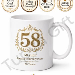 Klasik Tasarımlı 58 Yaş Doğum Günü Hediyesi Kupa Bardak Özel Baskılı