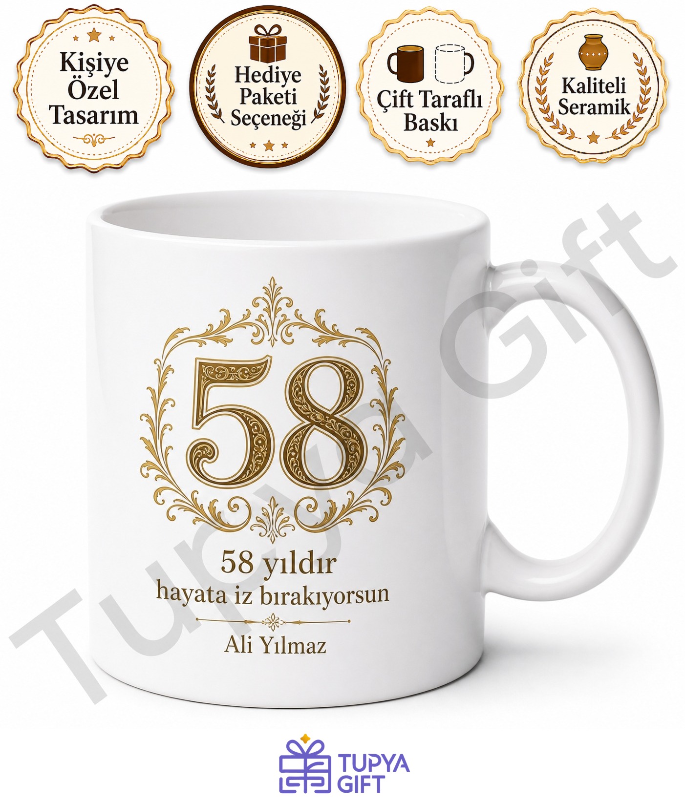Klasik Tasarımlı 58 Yaş Doğum Günü Hediyesi Kupa Bardak Özel Baskılı