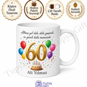 Büyük Kutlama Tasarımlı 60 Yaş Doğum Günü Özel Kupa Bardak Hediye