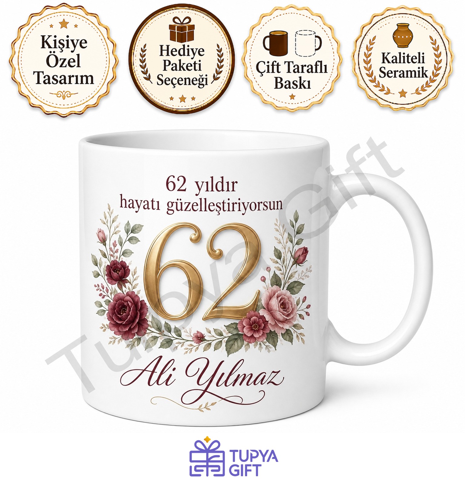 Klasik Porselen 62 Yaş Doğum Günü Hediyesi Çay Kupası Baskılı Bardak