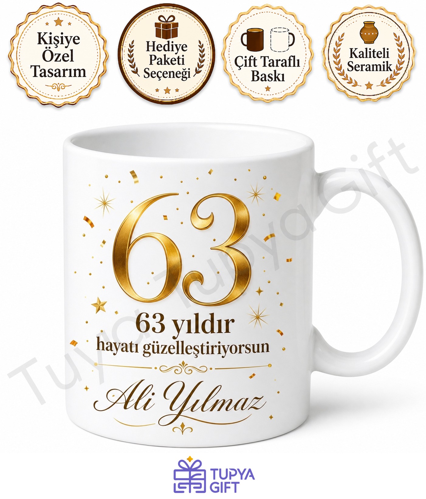 63 Yaş Doğum Günü Hediyesi Özel Gün Hatırası Baskılı Kupa Bardak