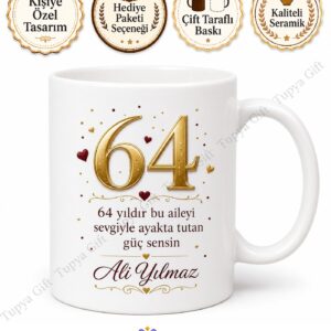 Aileye Hediye Tasarımlı 64 Yaş Doğum Günü Kupa Bardak Özel Baskı
