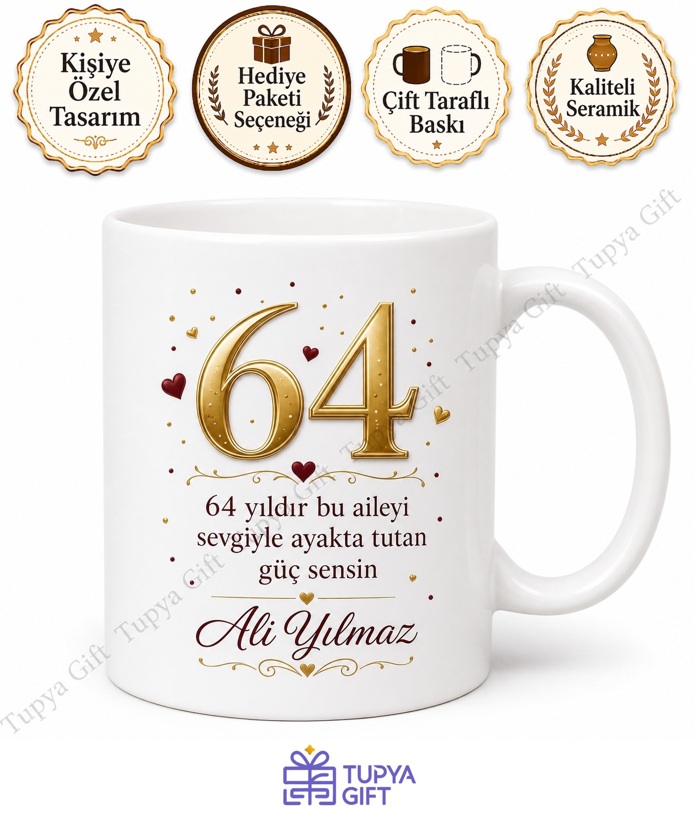 Aileye Hediye Tasarımlı 64 Yaş Doğum Günü Kupa Bardak Özel Baskı