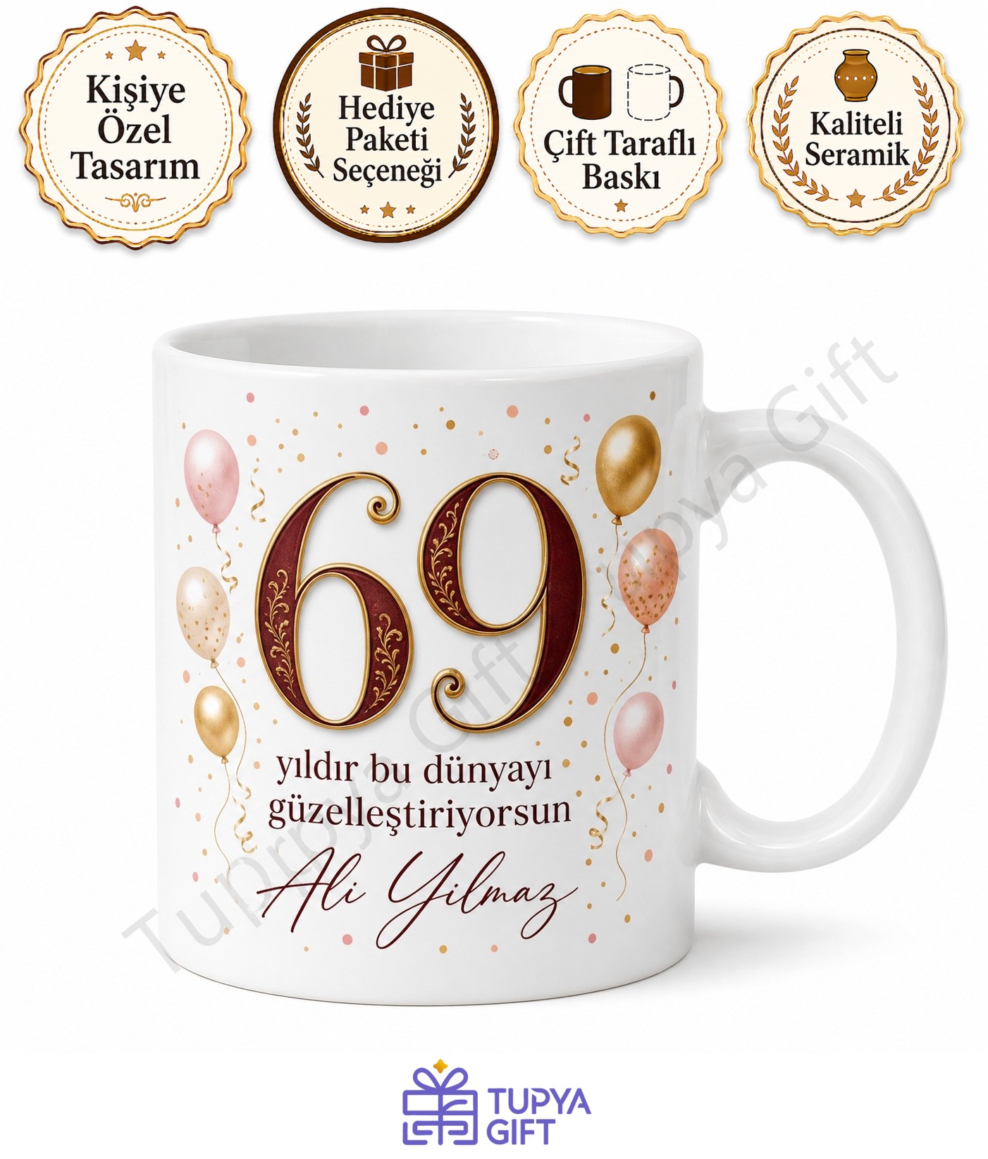 69 Yaş Doğum Günü Hediye Kupa Bardak Özel Baskılı Doğum Günü Hediyesi
