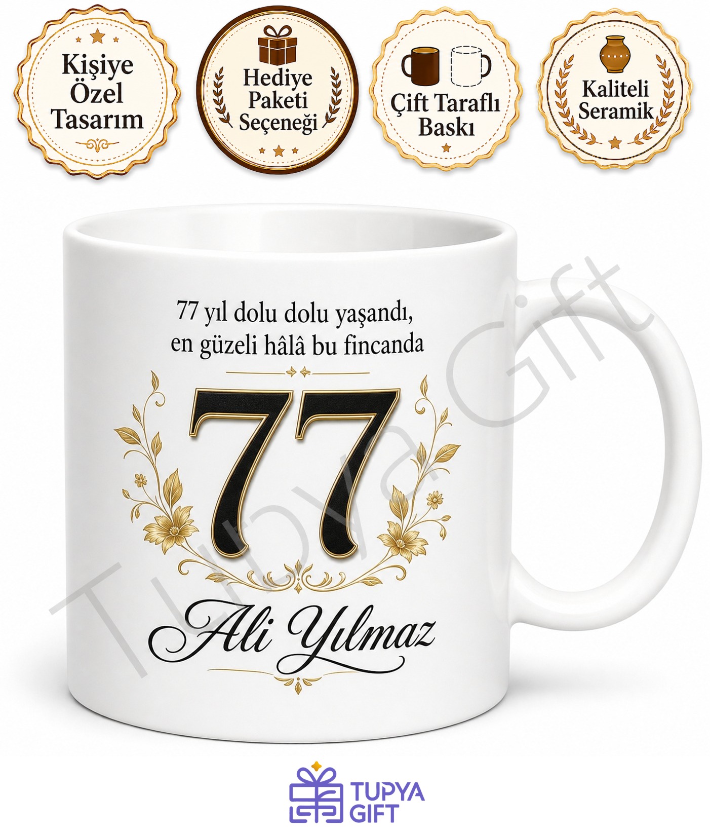 Kişiye Özel İsimli 77 Yaş Doğum Günü Hediyesi Kupa Bardak