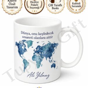 Dünya Haritası Temalı Kişiye Özel Baskılı Kupa Bardak Hediye