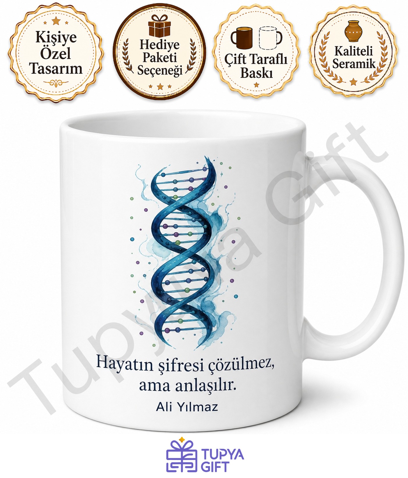 DNA Temalı Biyolog Hediyesi Özel Tasarım Baskılı Porselen Kupa Bardak
