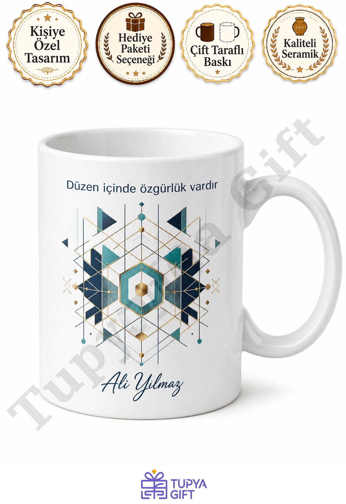 Geometrik Desenli Kişiye Özel Baskılı Kupa Bardak Hediye