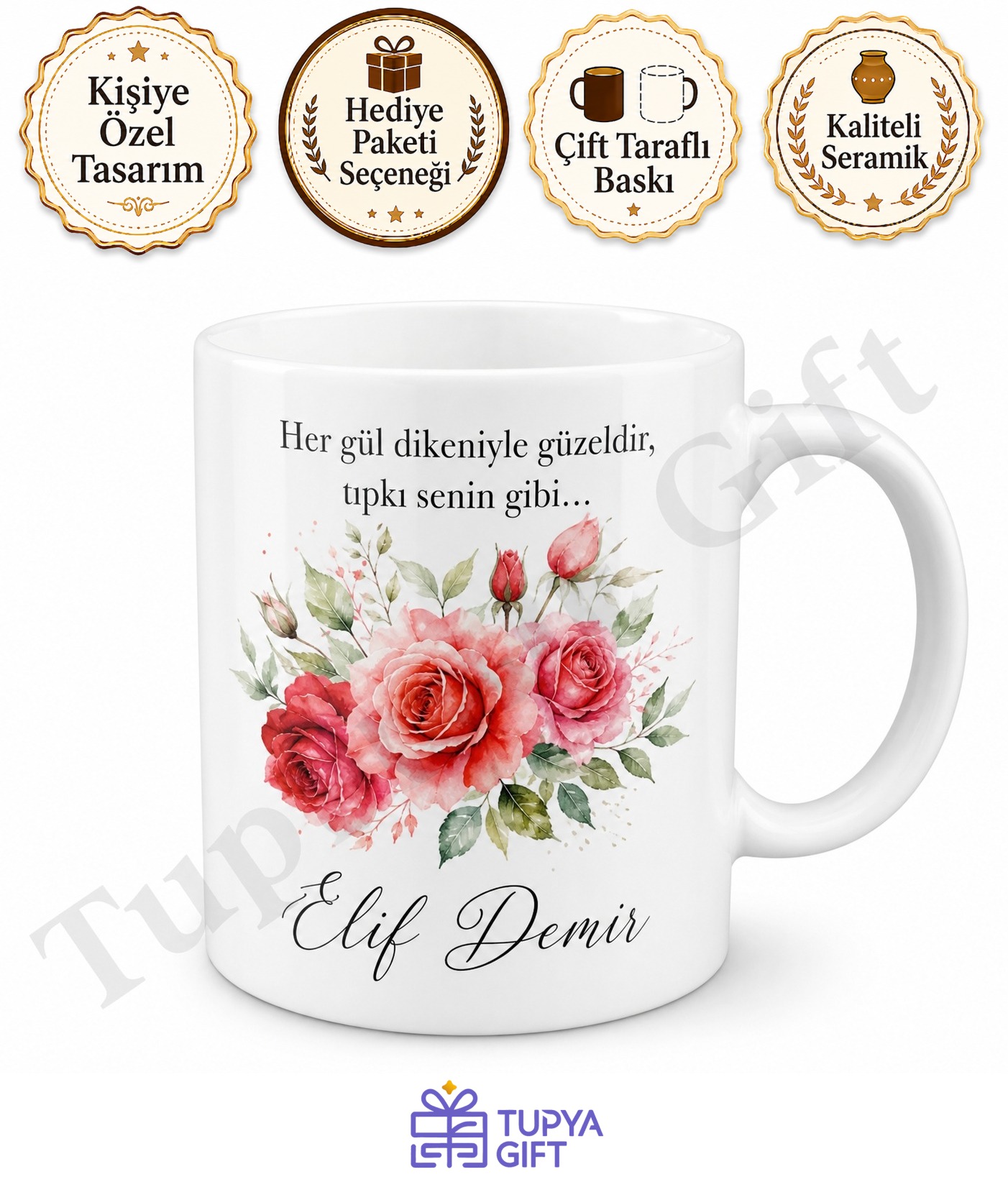 Gül Desenli Baskılı Kupa Bardak Hediye Özel Tasarım Porselen Mug